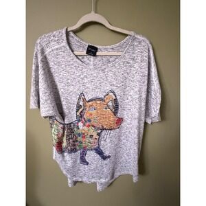 Inoah Artsy Grey Space Dye Patchwork Dog Graphic Knit Top Dachshund Small